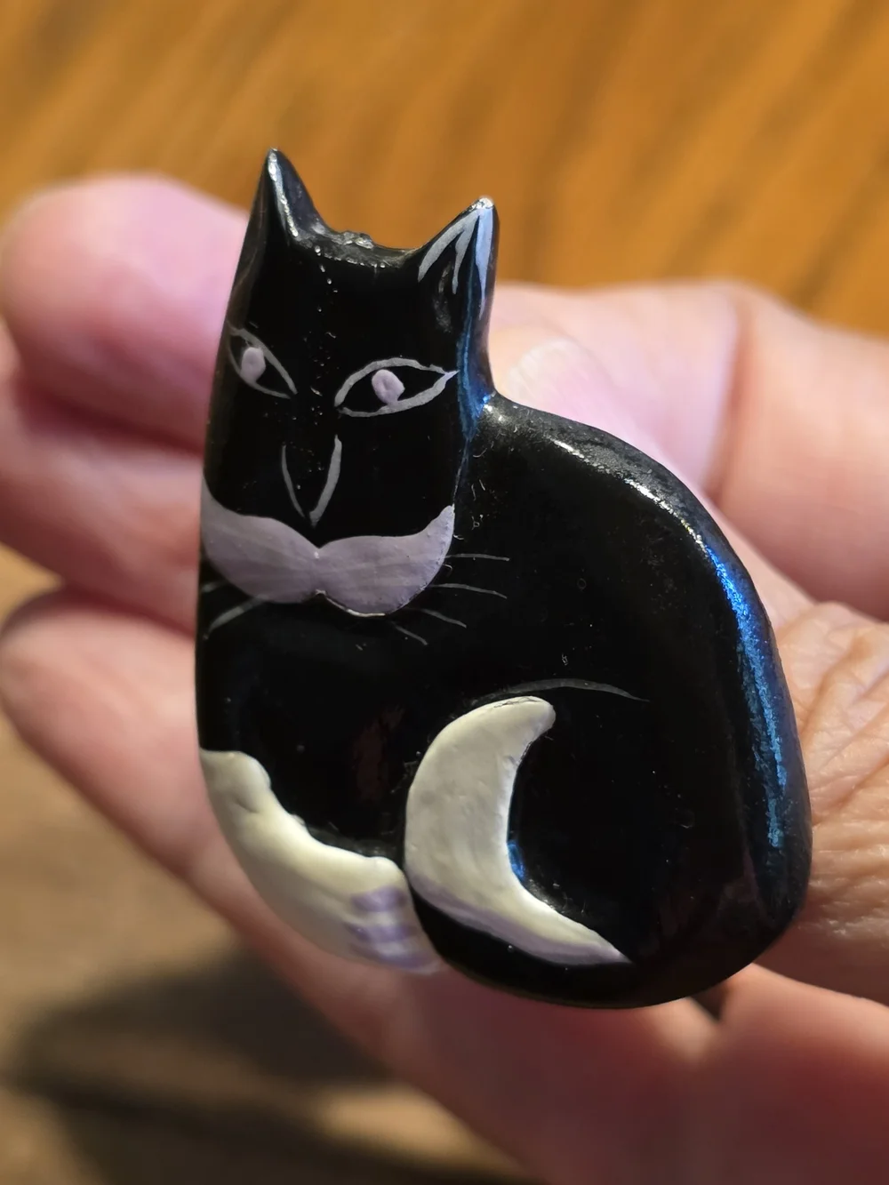 Folk Art Cat Pin Handpainted Wood